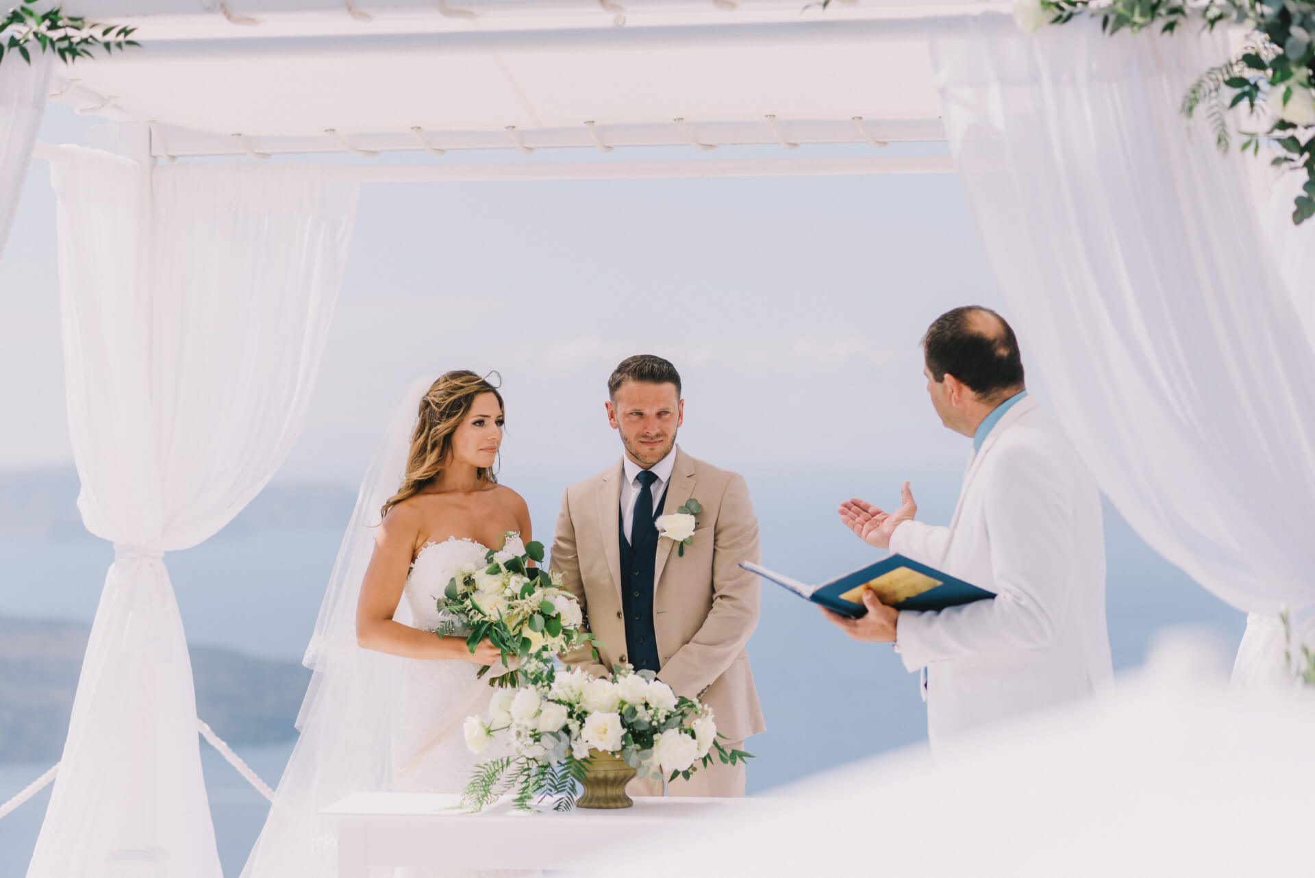 Happy Bride and Groom - Wedding Venue - Terrace View - Santorini Gem